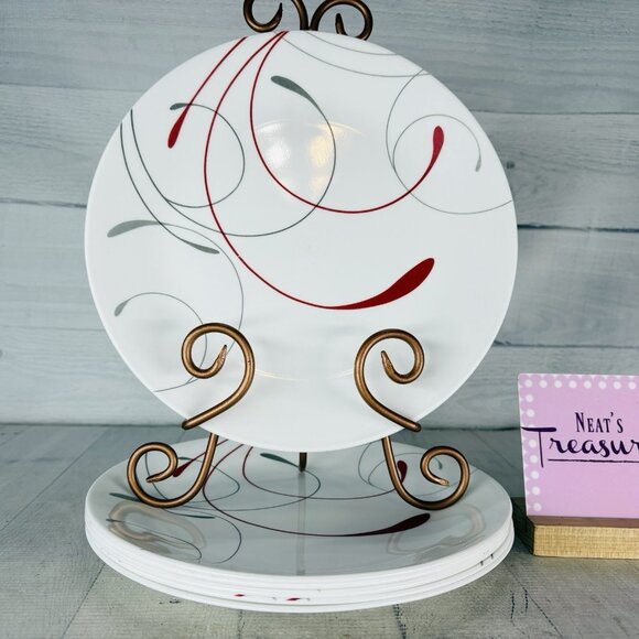 Corelle SPLENDOR Break Chip Resistant Red Gray Scrolls Rim Dinner Plates Set 6 - Picture 1 of 16